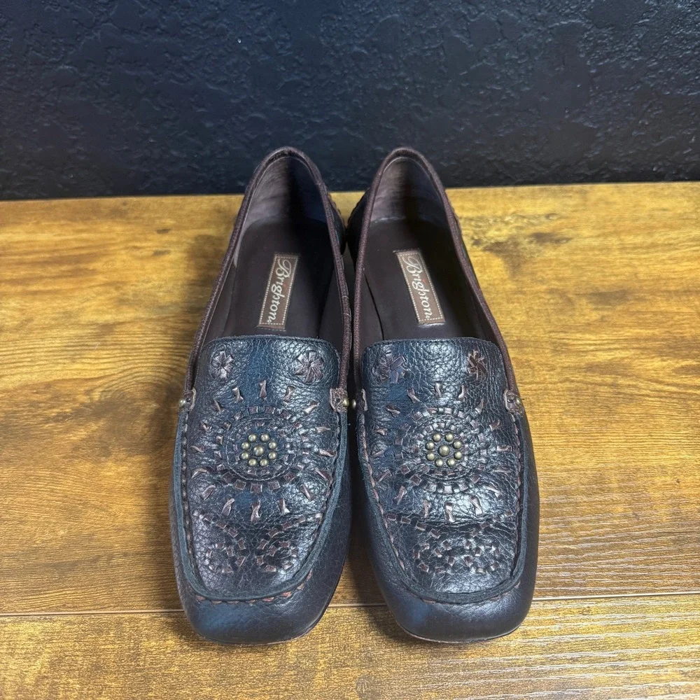 Brighton Kafka Brown Pebbled Leather Embroidered Loafers Womens 8M